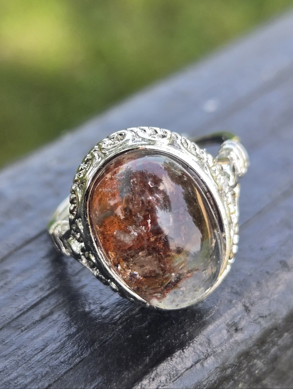 Garden Quartz Lodolite Ring Silver Crown Adjustable